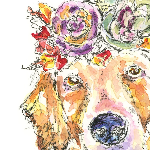 Golden Retriever Floral Watercolor Art Print | Whimsical Flower Crown | Sketch Floral Crown Dog