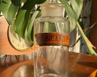 Antique Glass Apothecary Bottle vintage Pharmacy Jar with round Glass Stopper Old Medical Decor