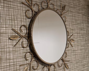 MCM sunburst brass mirror with leaf motifs, 1960s 1970s brass mirror