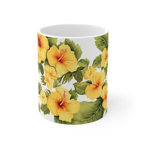 Gelber Hibiskus | Weiße Keramik-Blumentasse | 11 Unzen