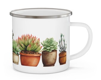 May include: White enamel mug with a silver rim featuring a row of potted succulents in various shades of green, red, and brown.