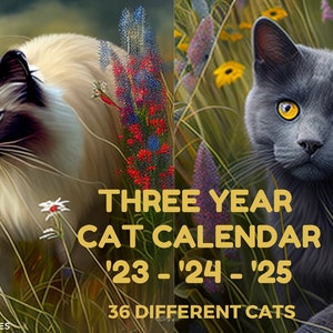 KATTKALENDER 2003, 04 och 05, utskrivbar 3-årskalender som täcker 2023, 2024 och 2025. Kalendern innehåller bilder på 36 olika raser.
