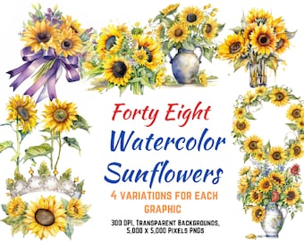 Watercolor Sunflower Clipart – Floral Bouquets, Vases (PNG, Commercial Use)