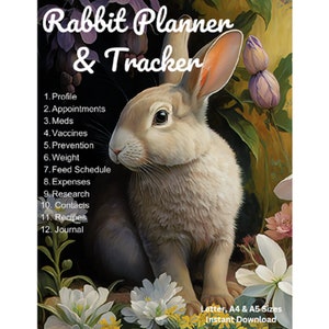 Może przedstawiać: Biały królik z różowymi uszami siedzi na polu kwiatów. Tekst "Rabbit Planner & Tracker" znajduje się w górnej części obrazu. Tekst "Letter, A4 & A5 Sizes Instant Download" znajduje się w dolnej części obrazu.