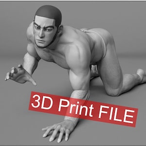 May include: A 3D printed model of a muscular man in a crouched position. The model is printed in a gray color and appears to be a realistic representation of the human body.