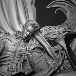 May include: A grayscale sculpture of a figure with closed eyes, resting against a feathered wing. The figure wears a detailed jacket and armor, with hands and other wings visible. The artwork has a classical, angelic theme.