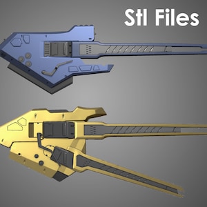 May include: Two futuristic electric guitars. One is blue and grey, the other is gold and grey. The guitars have a unique angular design with detailed mechanical elements. The text "Stl Files" is at the top.