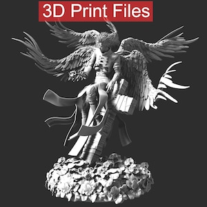 May include: A grayscale 3D-printed figurine of a winged figure seated on a cross, atop a floral base. The figure has detailed wings and attire. The text "3D Print Files" is displayed in a red box at the top.