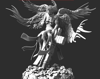 May include: A grayscale 3D-printed figurine of a winged figure seated on a cross, atop a floral base. The figure has detailed wings and attire. The text "3D Print Files" is displayed in a red box at the top.