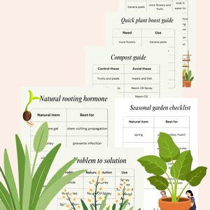 May include: A collection of gardening reference charts featuring tables titled Kitchen to Garden, Quick plant boost guide, Compost guide, Natural rooting hormone, Seasonal garden checklist, and Problem to solution, decorated with illustrations of plants.