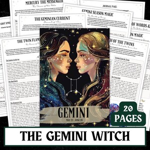 May include: An illustration of two women's faces, representing the Gemini zodiac sign, is the focal point, surrounded by printed pages. The artwork has gold accents on a black background. The text reads "The Gemini Witch" and "20 Pages".