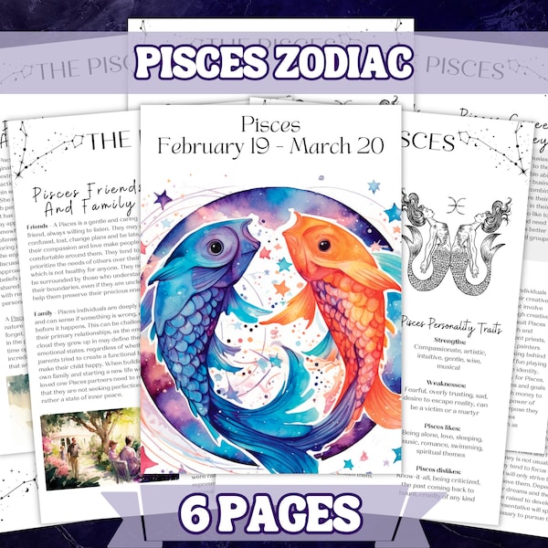 Pisces Zodiac Set Printable Grimoire Pages - BOS- Intro to witchcraft. Beautiful cover page designs. Personal use