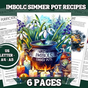 Op de afbeelding: Een printbare gids voor Imbolc-stoofpotrecepten met zes pagina's aan instructies. De omslag toont een zwarte ketel met vlammen, omringd door kaarsen, bloemen en een fles. De tekst "Imbolc Simmer Pots" staat op de ketel.