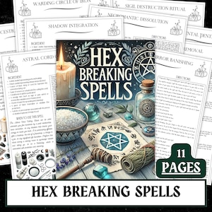 Może przedstawiać: Obraz książki zatytułowanej "Hex Breaking Spells" otoczonej przedmiotami rytualnymi, w tym zapaloną świecą, miską soli i szklaną butelką. Widocznych jest kilka stron z instrukcjami. Widoczny jest tekst "11 stron".