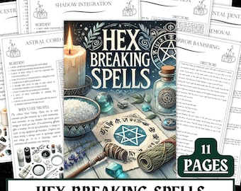 May include: A collection of mystical items, including a book titled "Hex Breaking Spells", a lit candle, and various ritualistic tools. The image features a bowl of salt, a glass bottle, and several pages with instructions. The text "11 Pages" is visible.