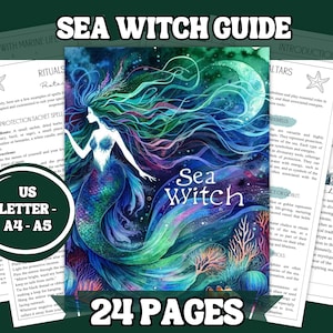 May include: A guide to sea witch practices featuring a mermaid illustration on the cover. The guide is 24 pages long and includes information on rituals, altars, deities, and more.