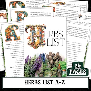 Guía de hierbas de la bruja (imprimible A-Z / Páginas de grimorio) (PDF)