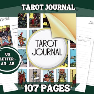 Diario de Tarot y Hojas de Trucos Inspiradas en Raider-Waite: Cuaderno de Tarot Imprimible de 107 Páginas, Descarga Digital, Registro de Lectura de Tarot con Significado de las Cartas