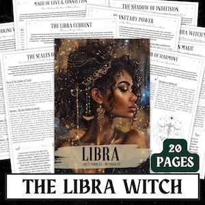 May include: A collection of 20-page booklets titled "The Libra Witch," featuring a detailed illustration of a woman with gold jewelry and the Libra zodiac sign. The booklets include text about Libra's characteristics.