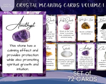 Printable Crystal Meanings Cards ,Full Colour Design 3.3x9 inch  Instant Download Set of 72 Cards