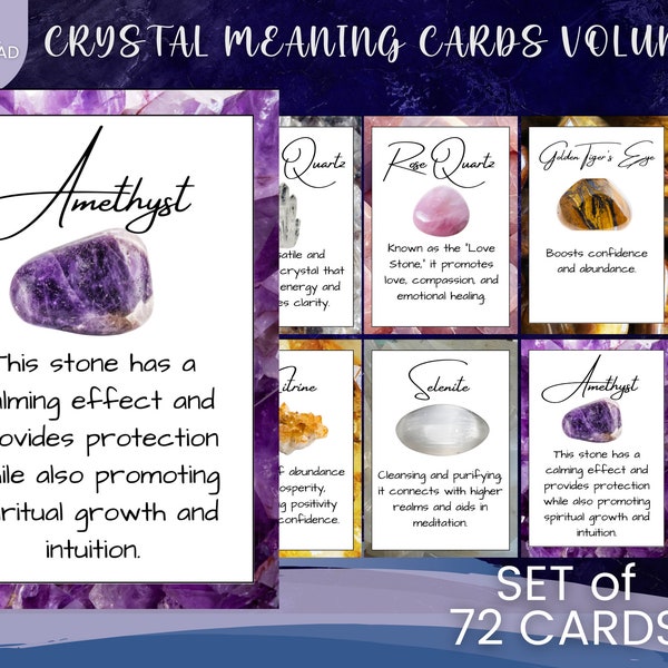Printable Crystal Meanings Cards ,Full Colour Design 3.3x9 inch  Instant Download Set of 72 Cards