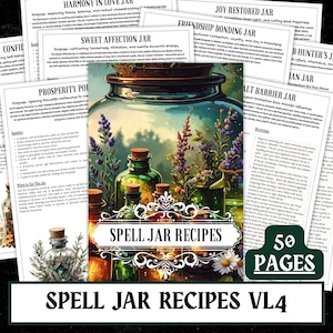 Può includere: Una copertina di libro digitale intitolata "Spell Jar Recipes VL4" con un grande barattolo con una scena paesaggistica all'interno, circondato da barattoli più piccoli e fiori. La copertina include testo su vari scopi dei barattoli di incantesimi.