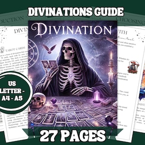 May include: A 27-page guide to divination with a dark, gothic aesthetic. The cover features a skeletal figure in a hooded robe, surrounded by tarot cards and candles. The title "Divination" is written in bold, gothic-style lettering.