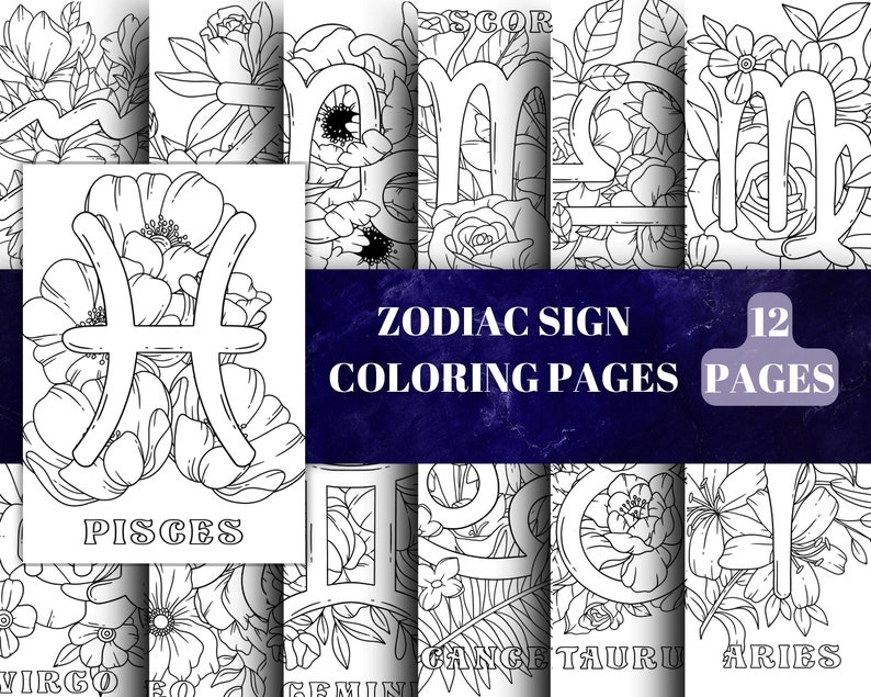 Zodiac Sign Coloring Printable Pages Set of 12 A4 Paper Size Instant ...