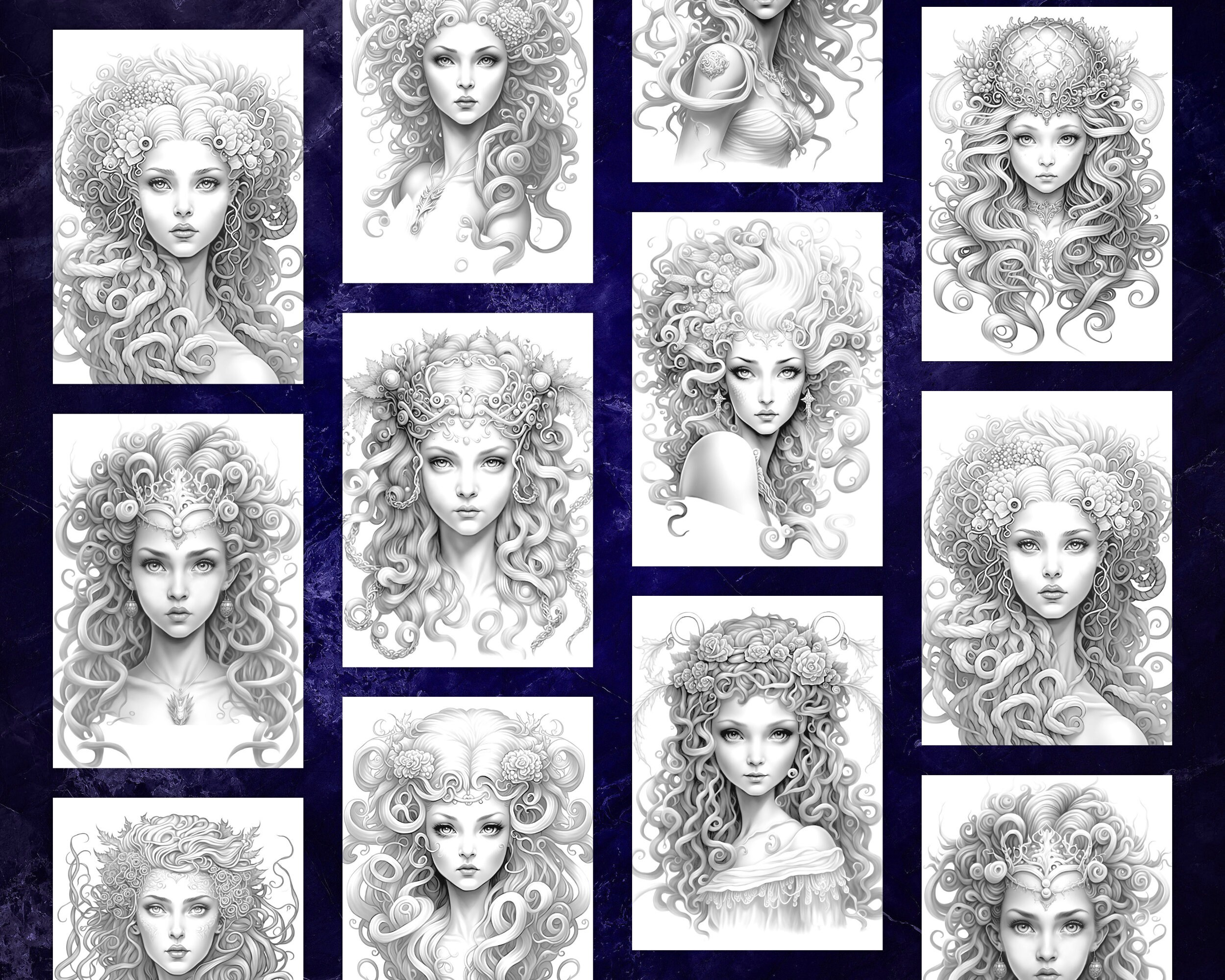 Medusa Coloring Printable Pages 10 Designs Light and Dark Versions ...