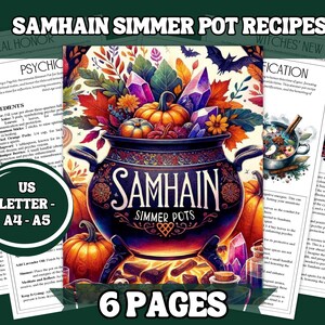 Könnte beinhalten: Ein druckbarer Leitfaden für Samhain-Schmortopf-Rezepte mit einer Illustration eines schwarzen Kessels, umgeben von Kürbissen, Herbstblättern und Kristallen. Der Text "Samhain Simmer Pots" ist auf dem Kessel zu sehen. Der Leitfaden umfasst 6 Seiten mit Rezepten und Anleitungen zum Erstellen von Schmortopf für die Herbst-Tagundnachtgleiche.