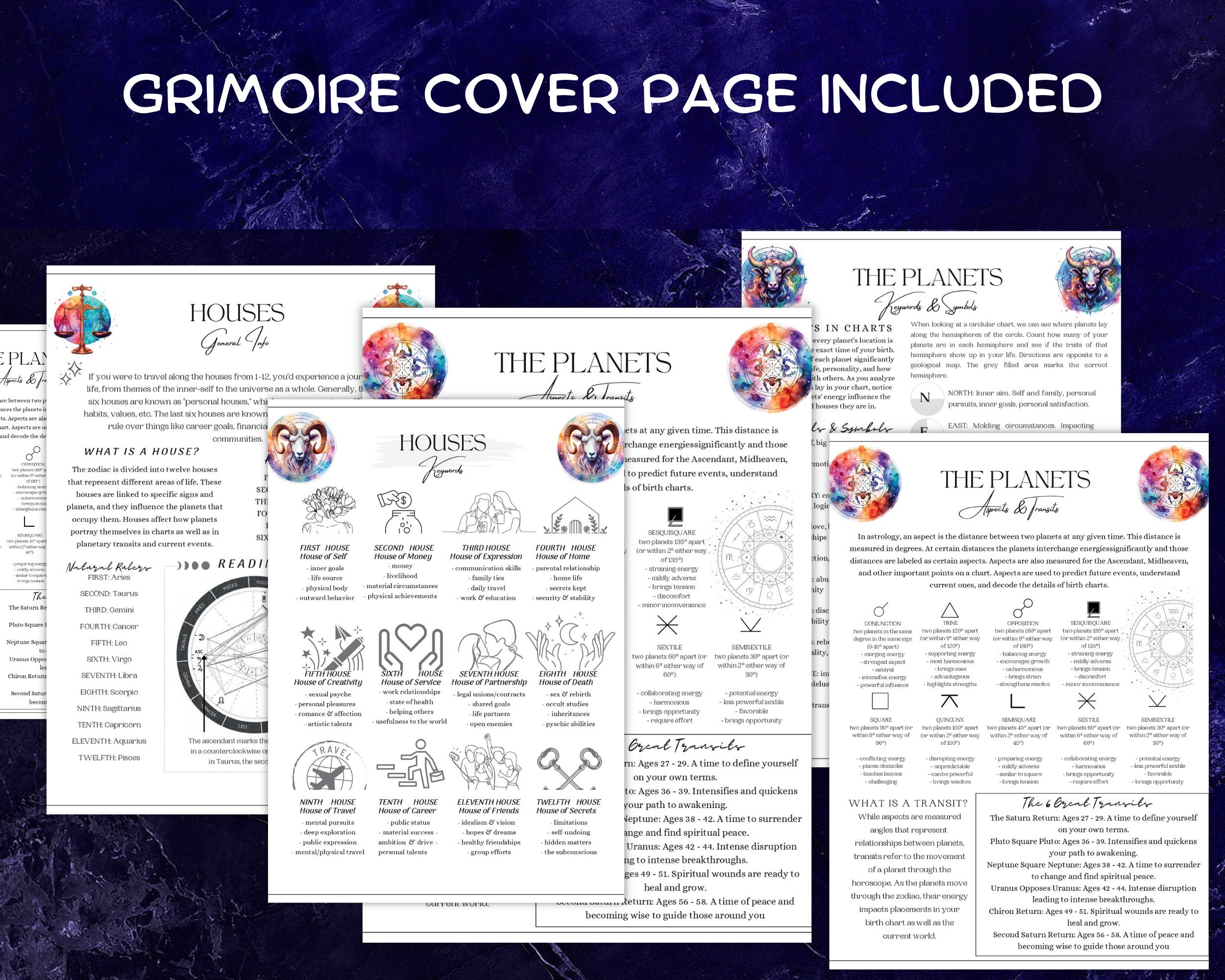 Houses &amp; Planets Cheat Sheet Reference Guide Printable Grimoire Pages Intro to Astrology - Etsy