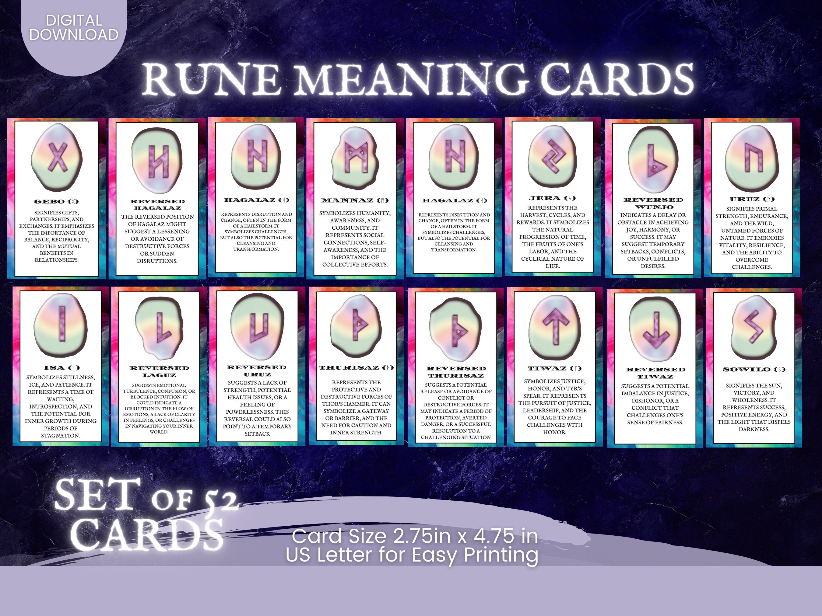Printable Elder Futhark Rune Meaning Cards Set , Rainbow Moonstone ...