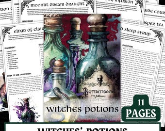 魔女の魔法薬レシピ | 印刷可能なグリモアページ（PDFデジタルダウンロード）