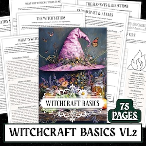 May include: A collection of printed pages with the title "Witchcraft Basics VL2". The cover features a pink witch's hat adorned with flowers and butterflies, with jars of herbs and the text "Witchcraft Basics". The image includes text about witchcraft.
