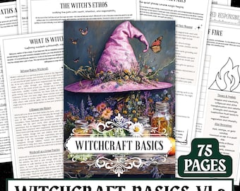 May include: A collection of printed pages with the title "Witchcraft Basics VL2". The cover features a pink witch's hat adorned with flowers and butterflies, with jars of herbs and the text "Witchcraft Basics". The image includes text about witchcraft.