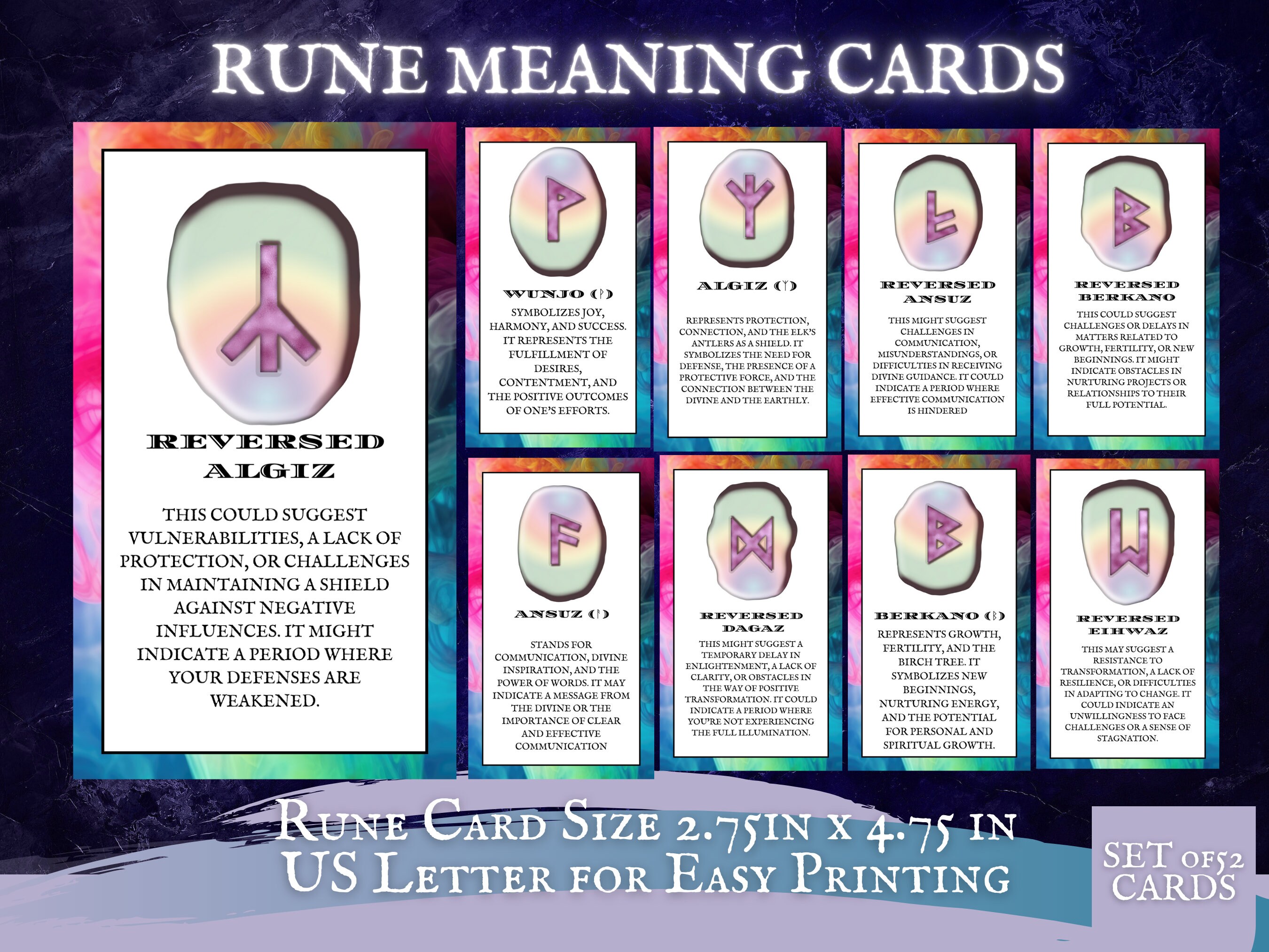 Printable Elder Futhark Rune Meaning Cards Set , Rainbow