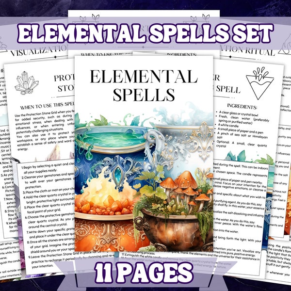 Elemental Based Spells , Printable Grimoire Pages and Book Of Shadow Pages , Printable Spell Pages