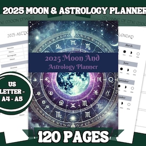 Planificador lunar y astrológico 2025 / Más de 120 páginas en PDF imprimible / Calendario lunar, fases lunares, eventos astronómicos / Formatos A5, A4 y carta (EE. UU.)