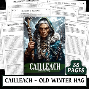 Puede incluir: Ilustración de una anciana con una capa con capucha color turquesa, sosteniendo un bastón. La imagen se titula "CAILLEACH - Old Winter Hag" con el texto "35 PAGES" en la parte inferior derecha. Alrededor de la imagen central hay páginas de texto.