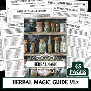 May include: A detailed illustration of a herbal magic guide with 45 pages. The image features a shelf with jars of herbs, a cauldron, and various pages with text. The title "Herbal Magic Guide VL2" is displayed.