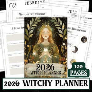 May include: A 2026 Witch Planner with 100 pages, featuring a central illustration of a woman with long blonde hair and a green and gold dress. The planner includes sections for intentions, moon manifestation, and wellness, with the text "2026 Witchy Planner" at the bottom.