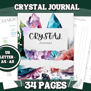 Crystal-dagboek van 34 pagina's afdrukbaar | A5, A4 en US Letter-formaten | Chakradiagrammen, rasters, aanwijzingen, werkbladen Meer
