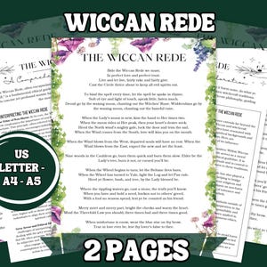 Puede incluir: Dos páginas de un Rede Wiccan, un conjunto de directrices éticas para los Wiccanos. El texto está escrito en un estilo tradicional con un fondo floral verde y blanco.