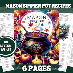 Könnte beinhalten: Eine farbenfrohe Illustration eines Kessels mit einem Pentagramm auf der Vorderseite, umgeben von Äpfeln, Granatäpfeln und Mais. Der Text "Mabon Simmer Pots" ist in einer dekorativen Schrift über dem Kessel geschrieben. Das Bild ist Teil eines sechsteiligen Leitfadens für Mabon-Schmortopf-Rezepte.