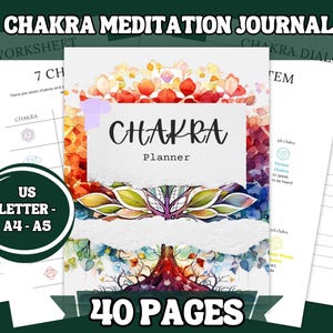 May include: A colorful chakra meditation journal with a tree of life design on the cover. The journal has 40 pages and includes a chakra worksheet, chakra dialogue, and a chakra planner. The journal is available in US Letter, A4, and A5 sizes.