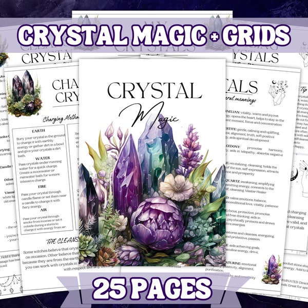 Crystal Magic Grimoire Pages Collection Printable PDF- Intro to witchcraft. Beautiful cover page designs. Personal use