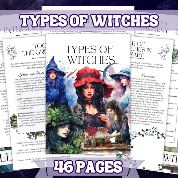 Types Of Witches Bundle Printable Grimoire Pages and Book Of Shadow Pages , Learn The Basics Of Witchcraft and Witches