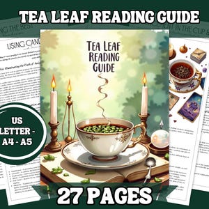 Afdrukbaar theeblad lezen | 27 pagina's tasseografie grimoire pdf in A4, US Letter en A5 | Leer de betekenissen van symbolen, rituelen voor beginners