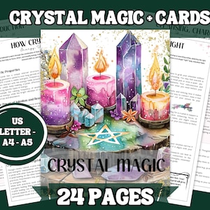 May include: A watercolor illustration of crystals and candles on a wooden surface. The image is surrounded by text that reads "Crystal Magic + Cards" and "24 Pages".