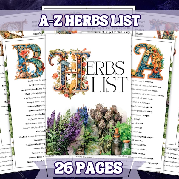 Witches Herb Full Guide A - Z In Alphabetical Order , Printable Grimoire Pages and Book Of Shadow Pages